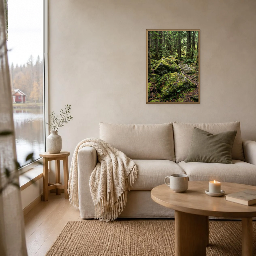 Moss on the Forest Rocks poster in a light oak frame above a linen sofa