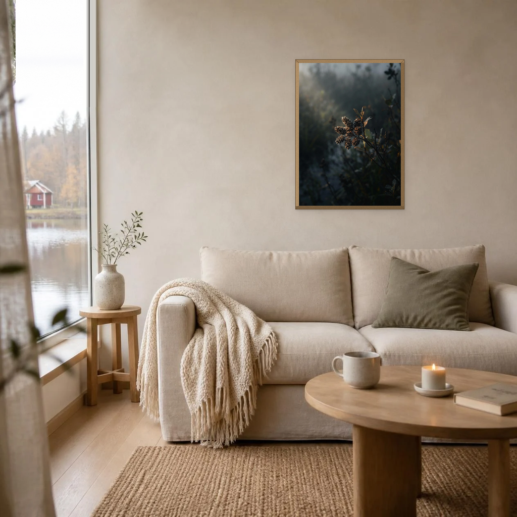 Bog Myrtle Seed Heads poster in a light oak frame above a linen sofa