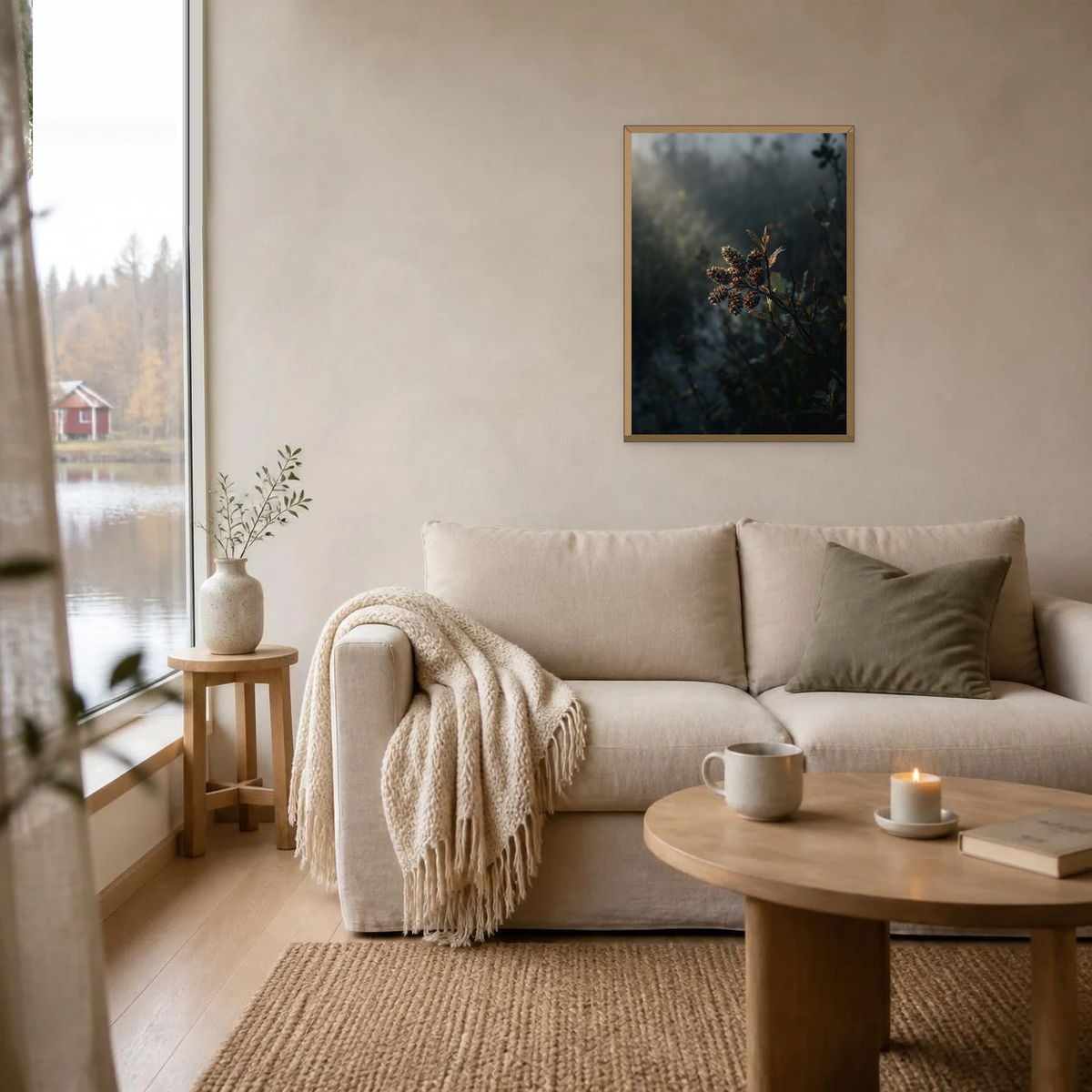 Bog Myrtle Seed Heads poster in a light oak frame above a linen sofa