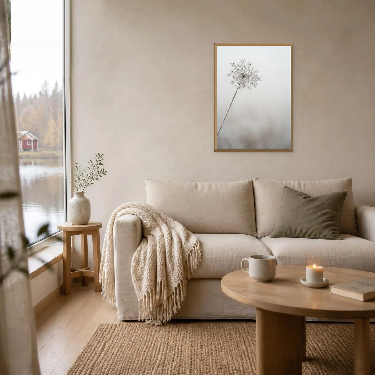 Frost on a Seed Head poster in a light oak frame above a linen sofa