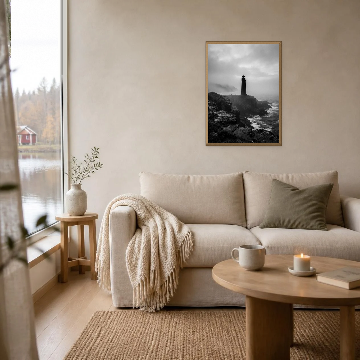 The Coastal Lighthouse poster in a light oak frame above a linen sofa