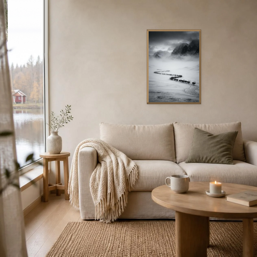 Reindeer Herd in the Valley poster in a light oak frame above a linen sofa