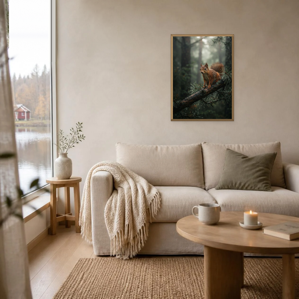 Red Squirrel on a Branch poster in a light oak frame above a linen sofa