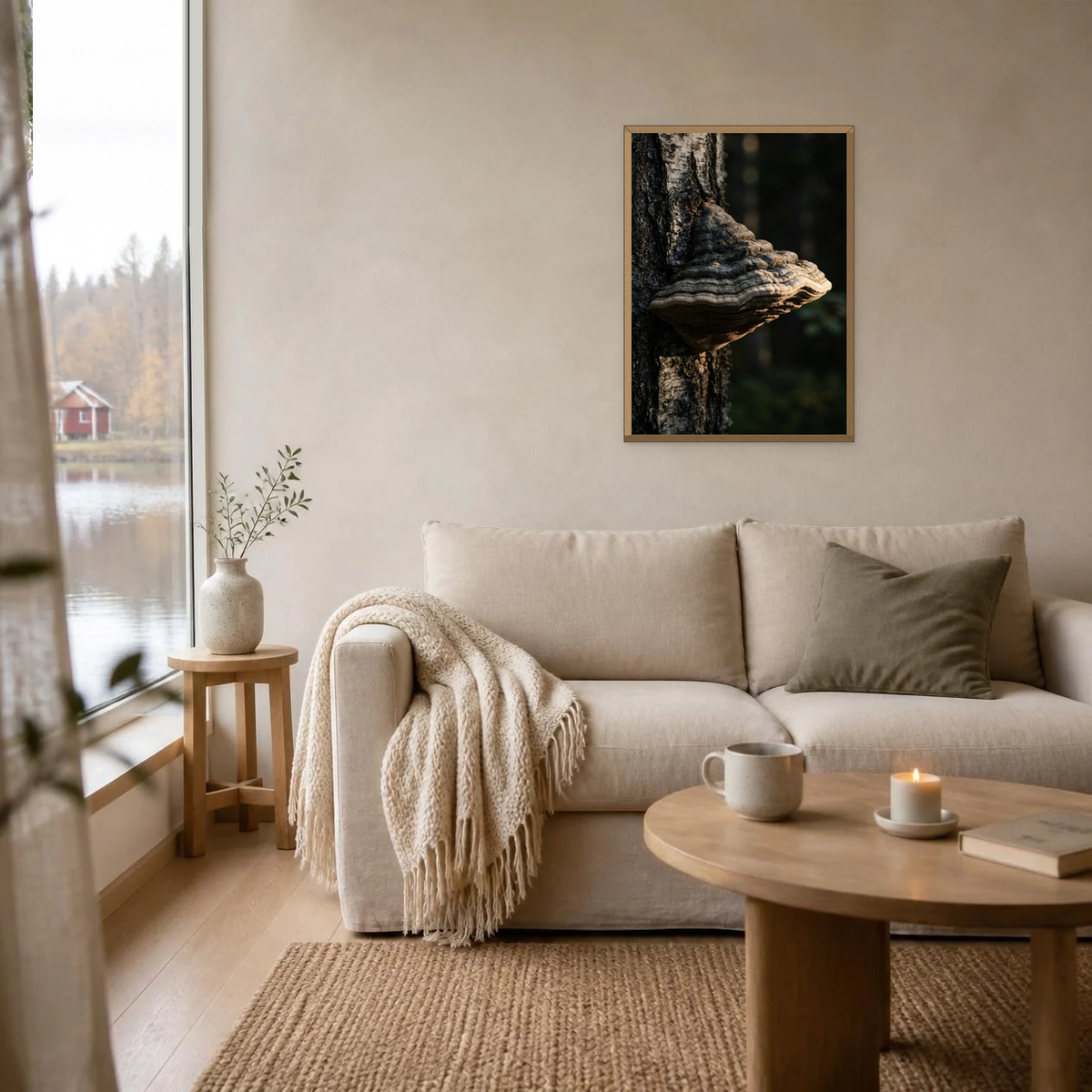 Bracket Fungus on Birch poster in a light oak frame above a linen sofa
