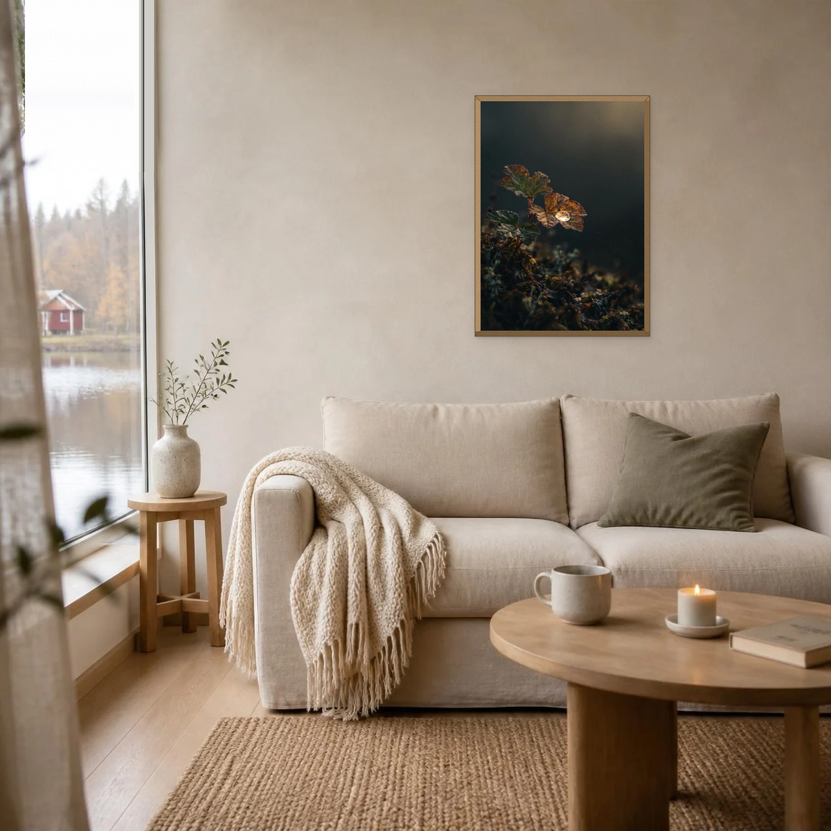 Cloudberry Leaves in the Mire poster in a light oak frame above a linen sofa