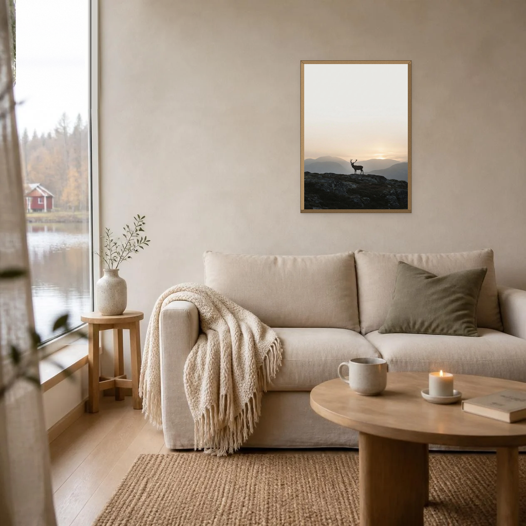 Red Deer on the Mountain poster in a light oak frame above a linen sofa