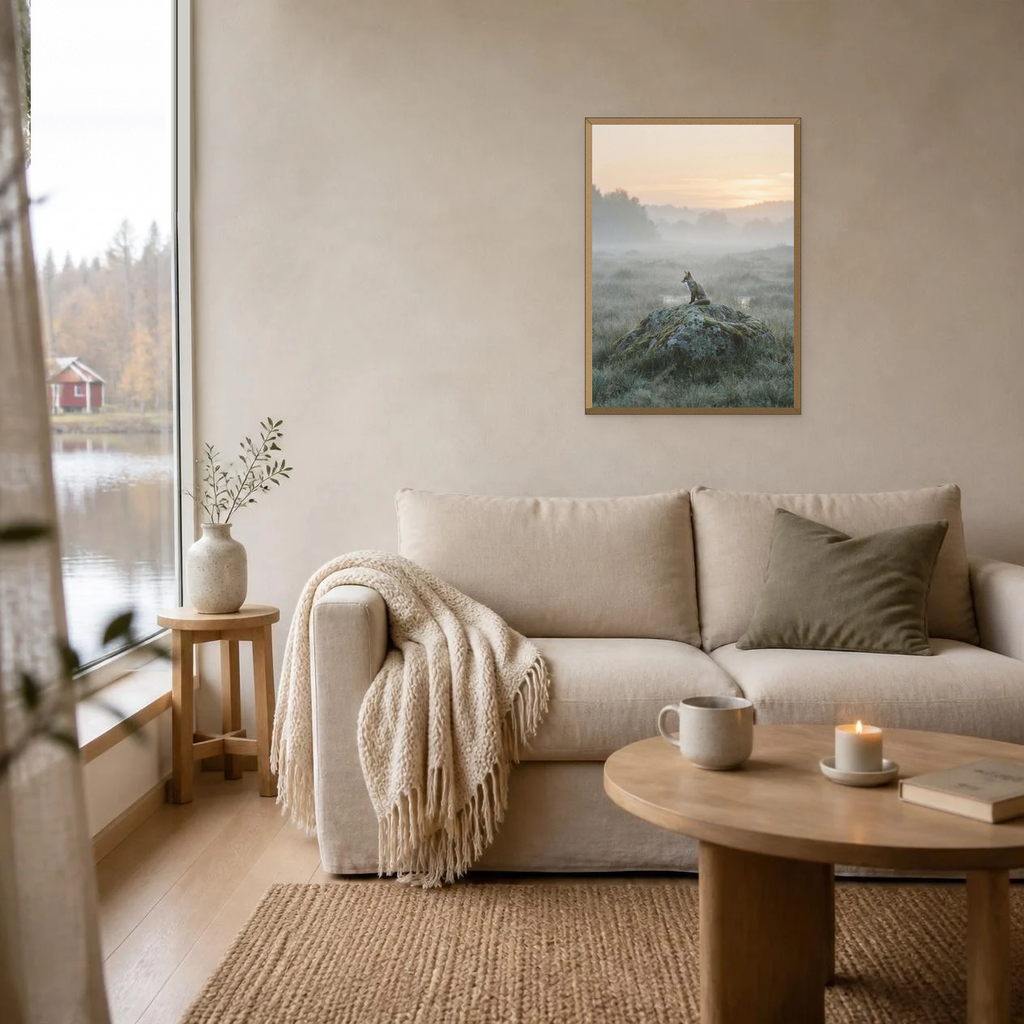 Fox on a Rock poster in a light oak frame above a linen sofa