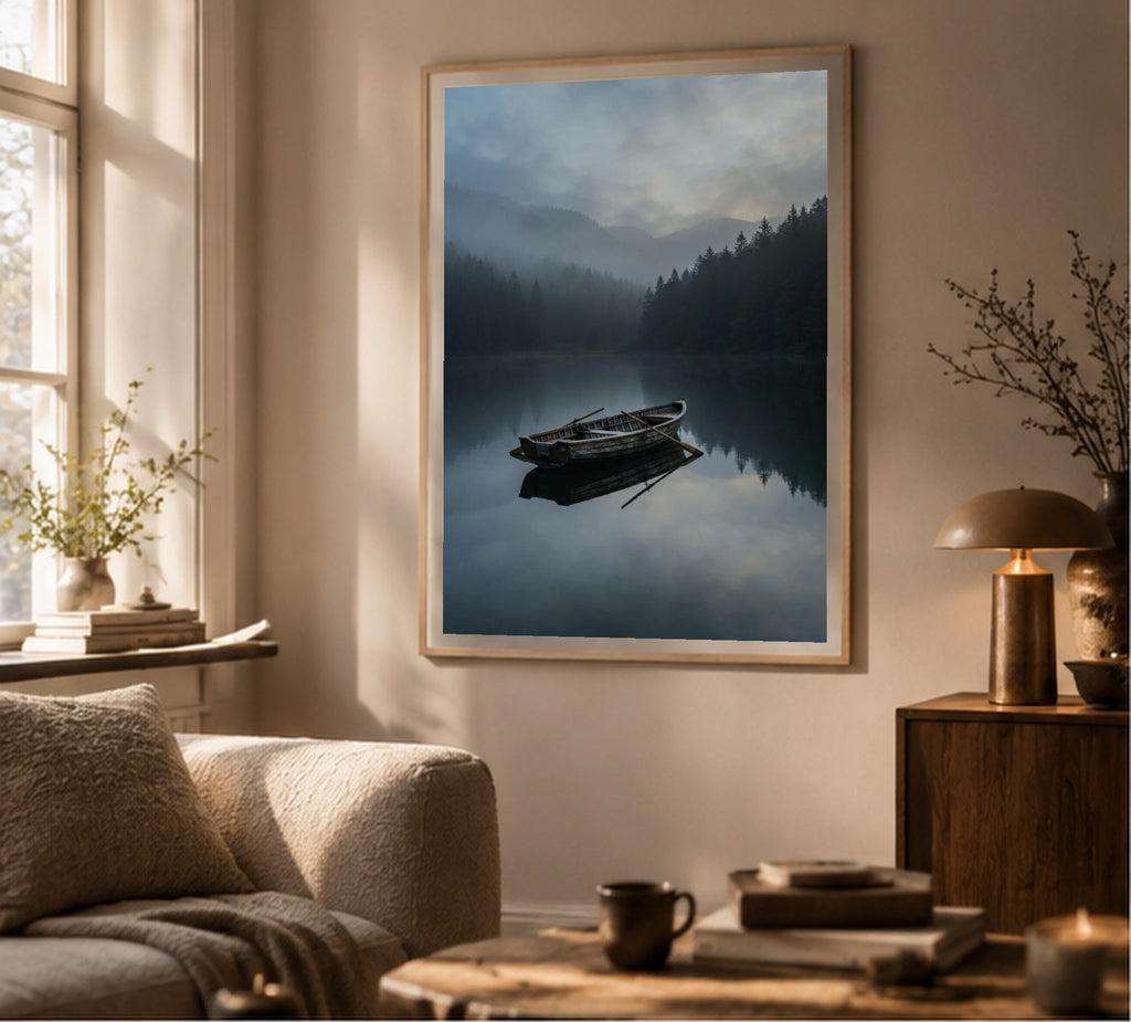 Rowing Boat on the Lake art print, shown framed for inspiration in a sunlit living room