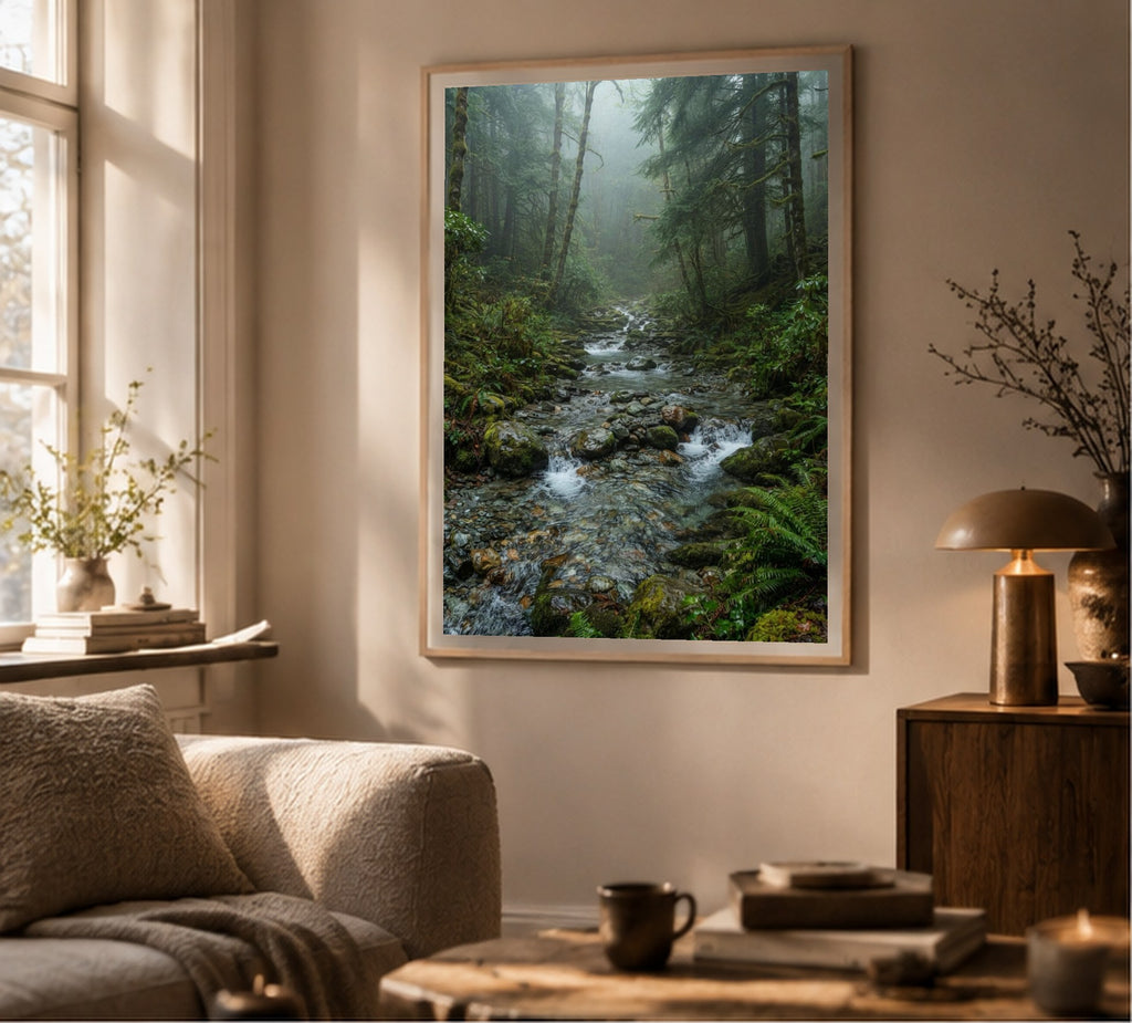 Stream Over Stones art print, shown framed for inspiration in a sunlit living room