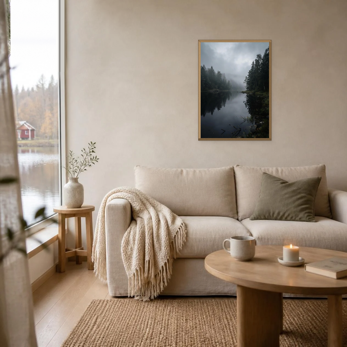 Mist on the Dark Lake poster in a light oak frame above a linen sofa
