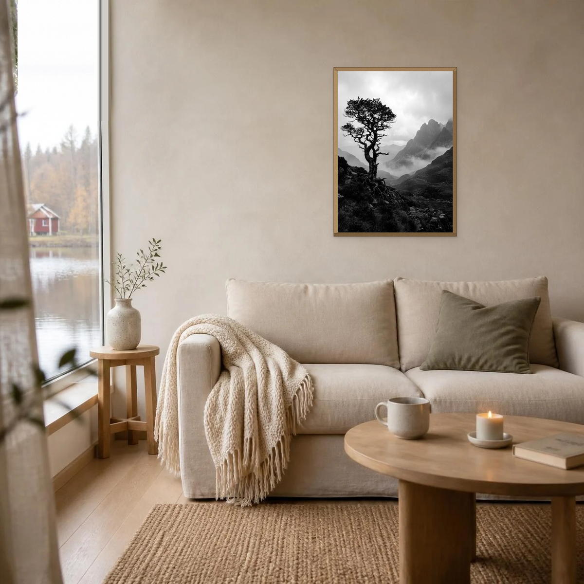 Pine in the Foggy Mountains poster in a light oak frame above a linen sofa