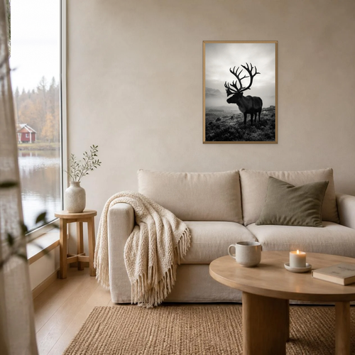 Antlers at Dawn poster in a light oak frame above a linen sofa