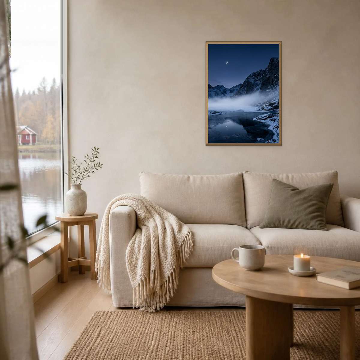 Crescent Moon Over the Fjord poster in a light oak frame above a linen sofa