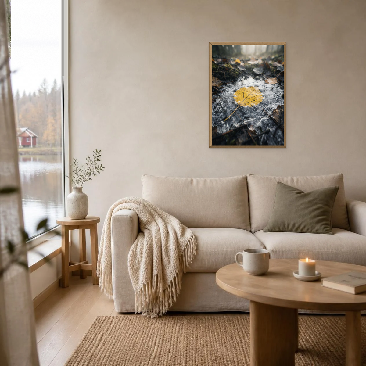 Aspen Leaf in the Ice poster in a light oak frame above a linen sofa