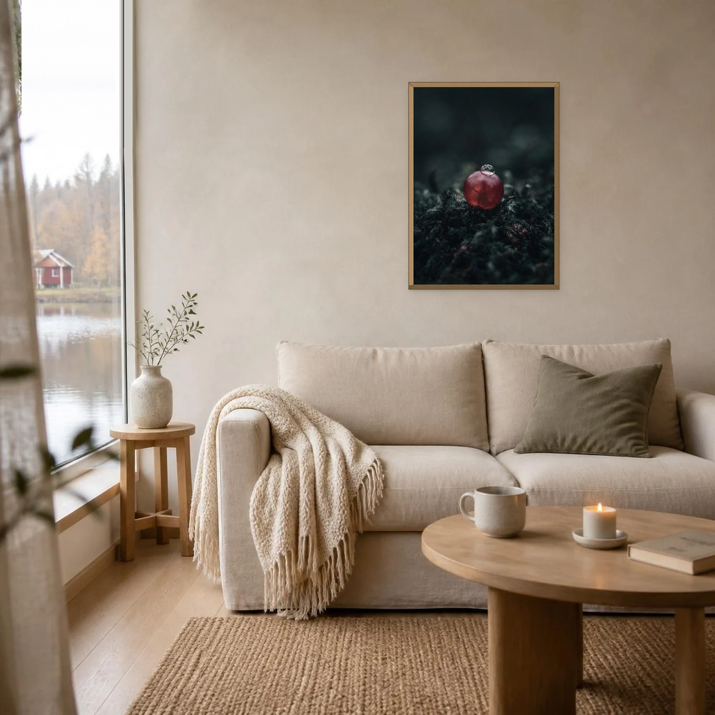 A Single Lingonberry poster in a light oak frame above a linen sofa