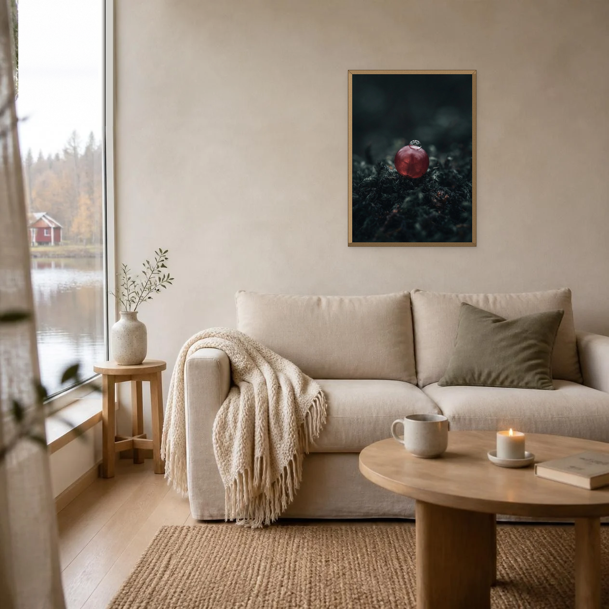 A Single Lingonberry poster in a light oak frame above a linen sofa