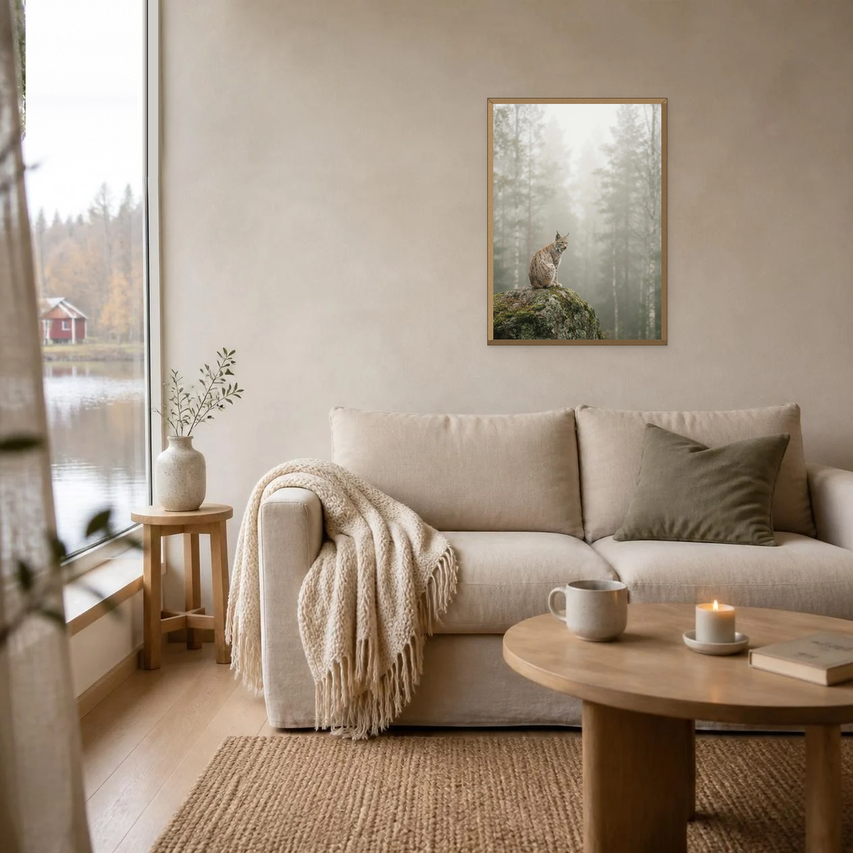 Lynx on a Granite Boulder poster in a light oak frame above a linen sofa