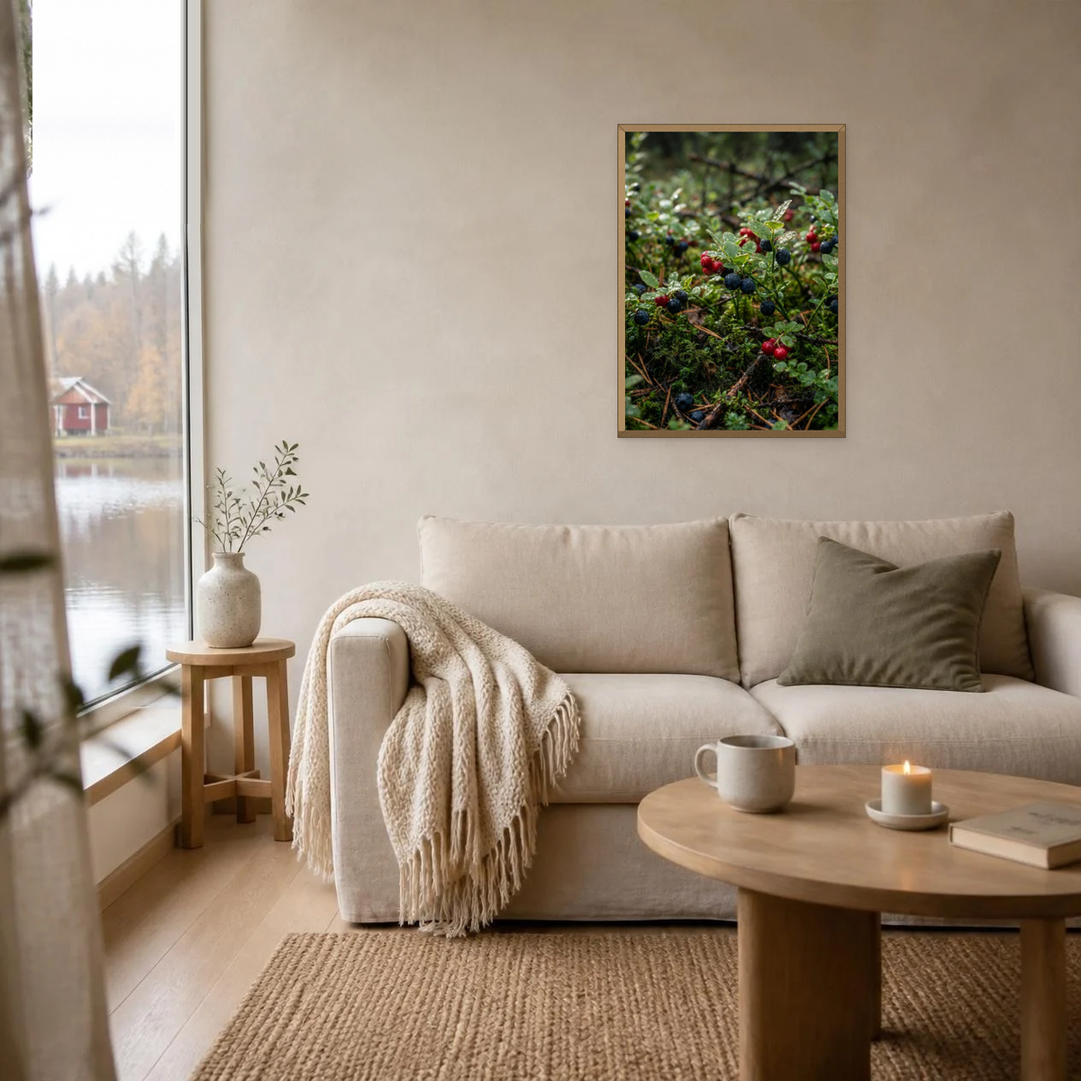 Forest Berries in the Dew poster in a light oak frame above a linen sofa
