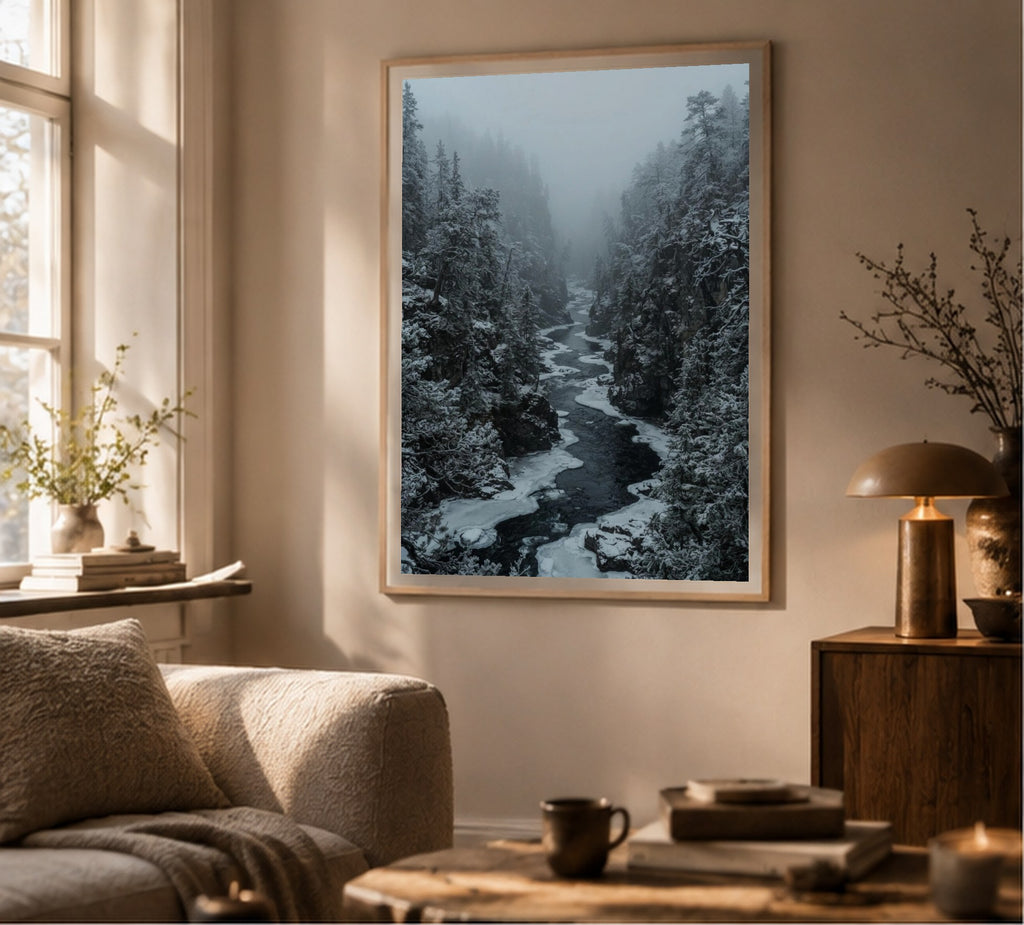 Icy River in the Canyon art print, shown framed for inspiration in a sunlit living room