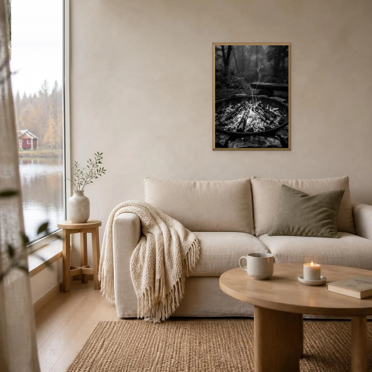 The Smoldering Fire Pit poster in a light oak frame above a linen sofa