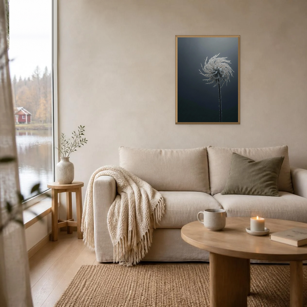 Frosted Mountain Avens poster in a light oak frame above a linen sofa