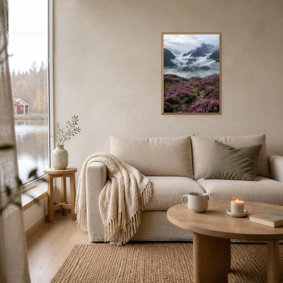 Fog Over the Heather poster in a light oak frame above a linen sofa