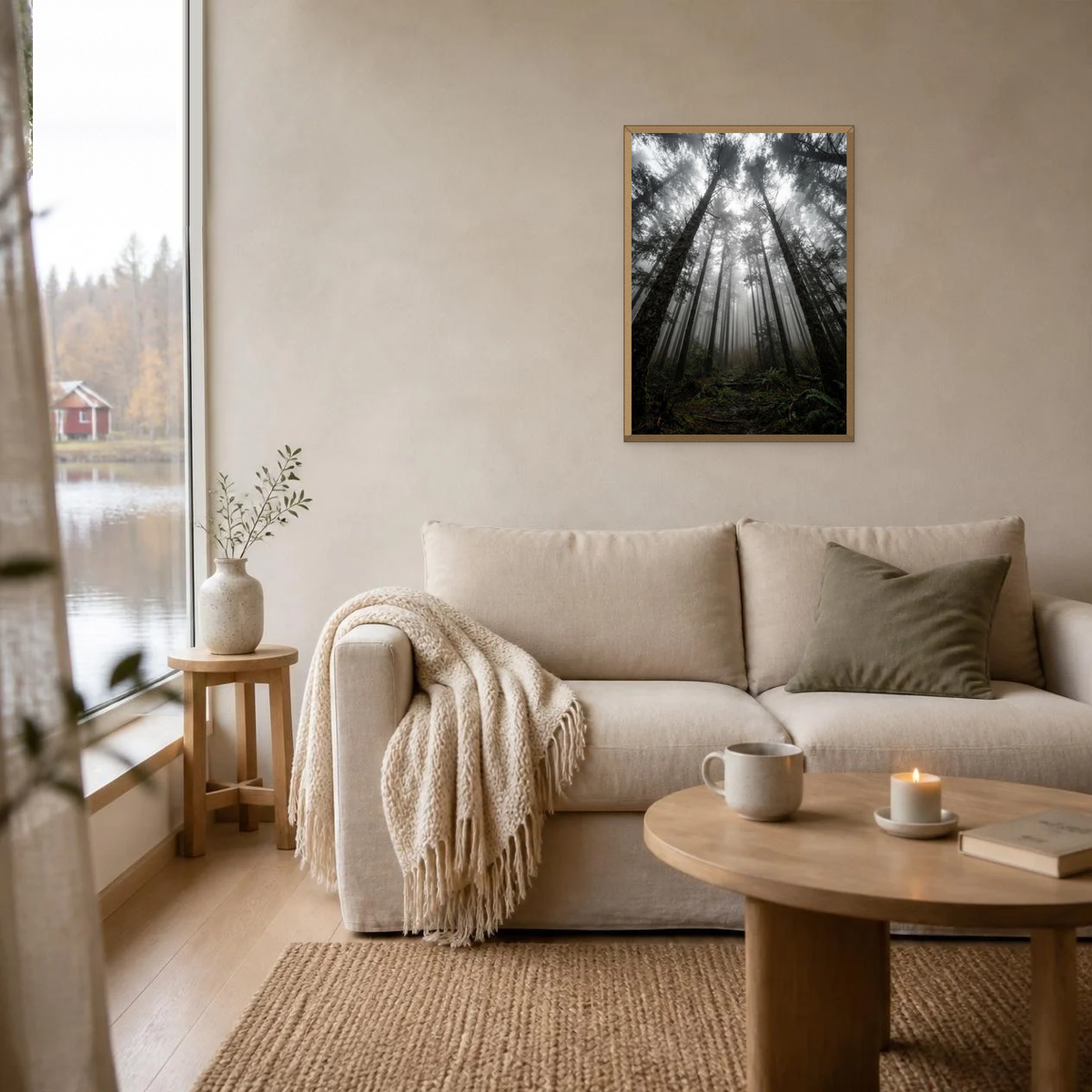 Pines Reaching Through Fog poster in a light oak frame above a linen sofa