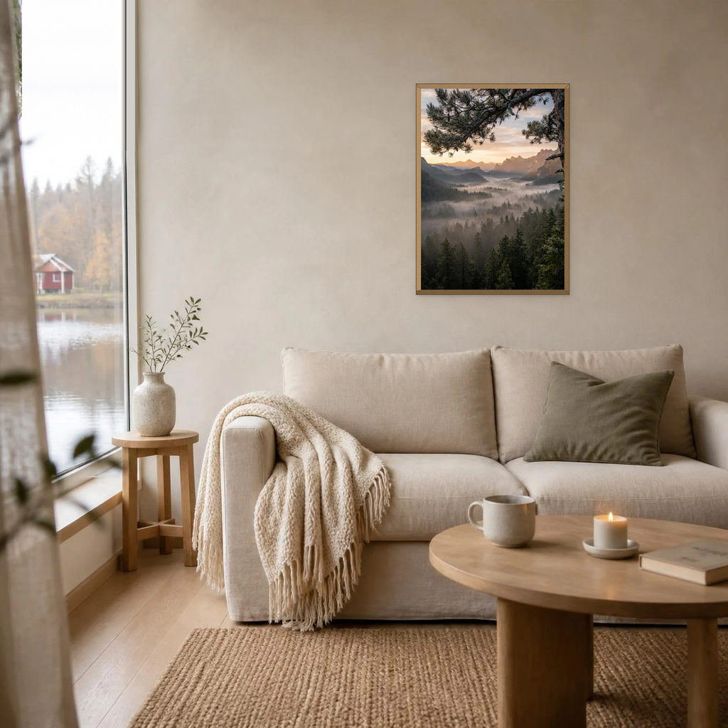 Pine Branch Over the Valley poster in a light oak frame above a linen sofa