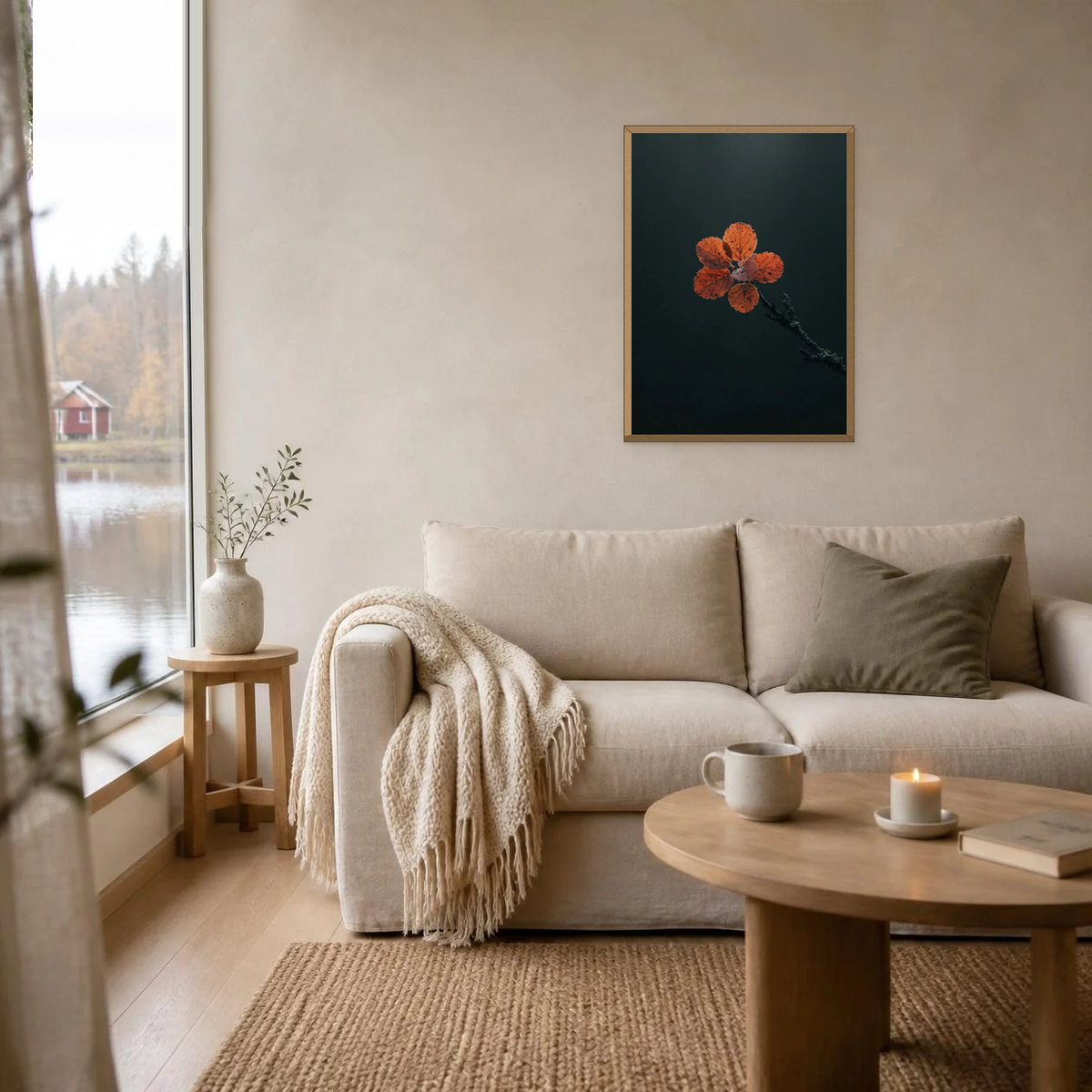 Dwarf Birch in Autumn poster in a light oak frame above a linen sofa
