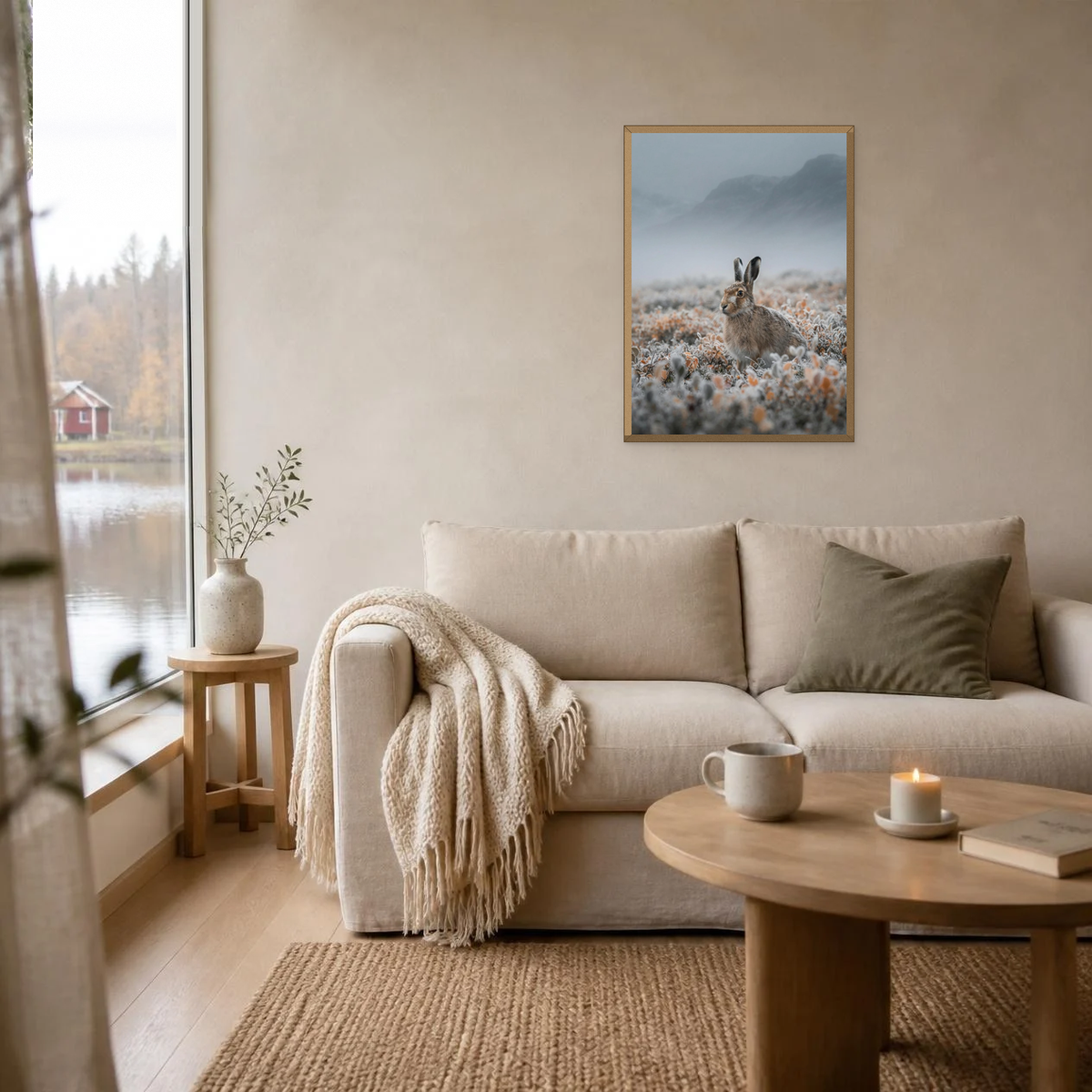Mountain Hare in the Fog poster in a light oak frame above a linen sofa
