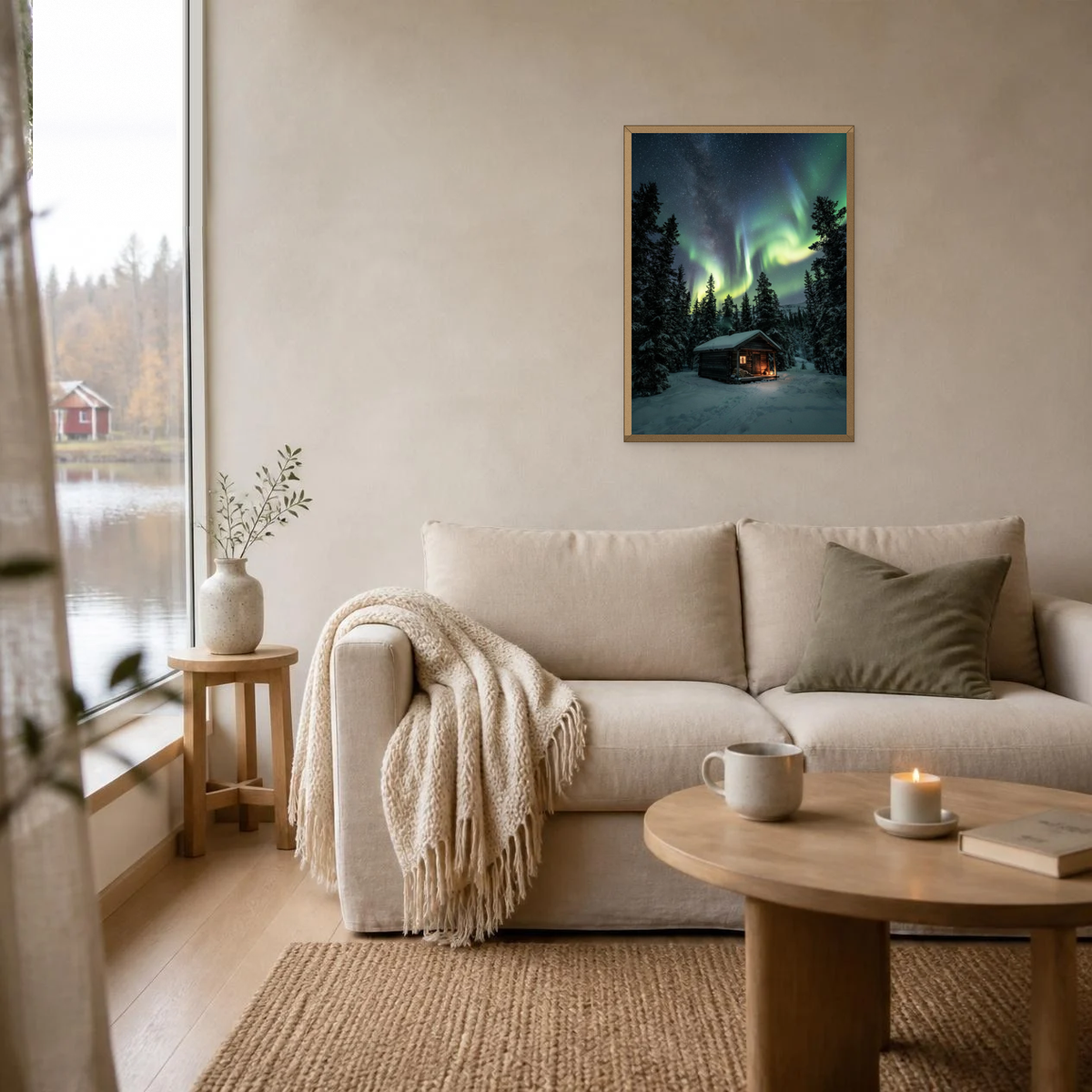 Aurora Over the Hut poster in a light oak frame above a linen sofa