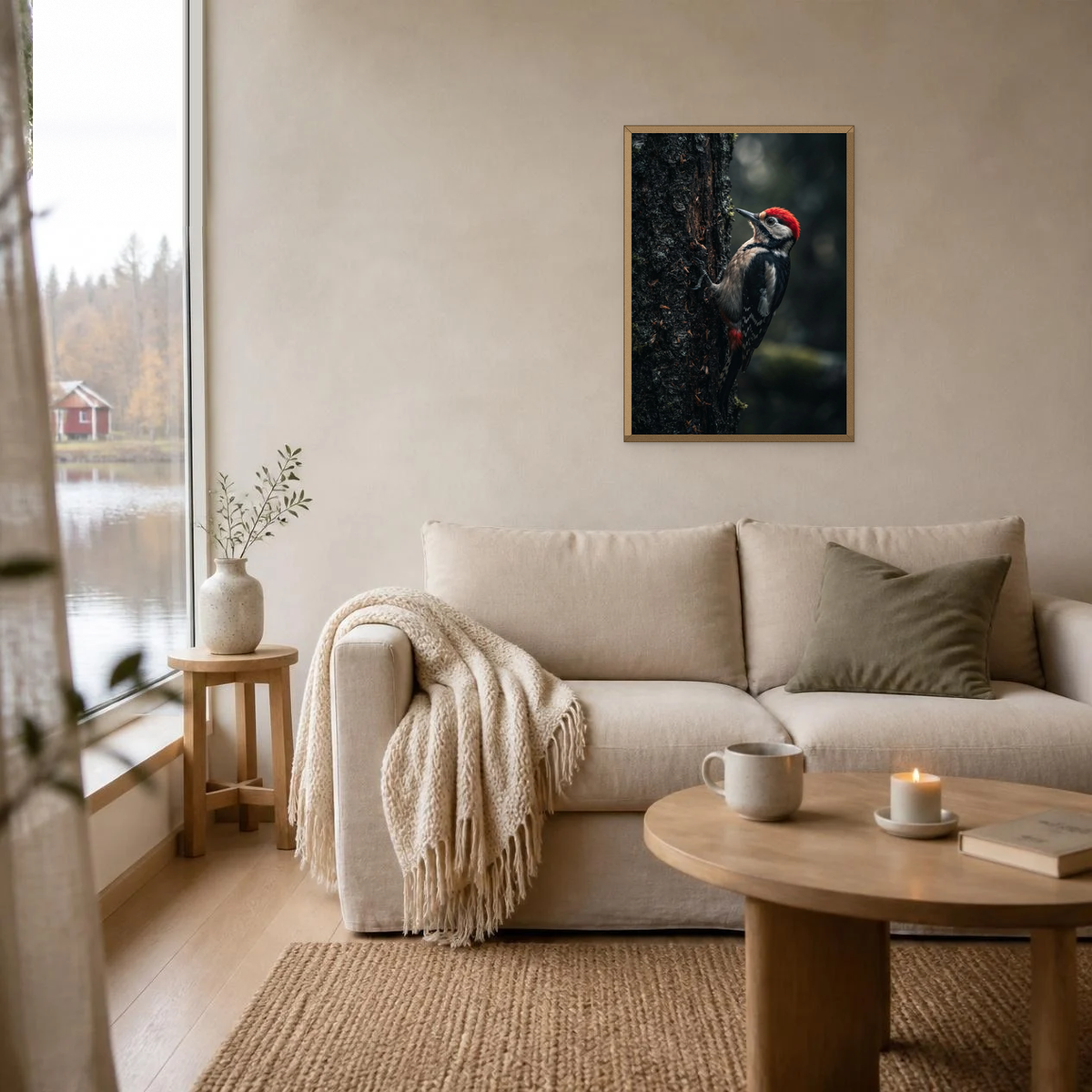 The Woodpecker poster in a light oak frame above a linen sofa
