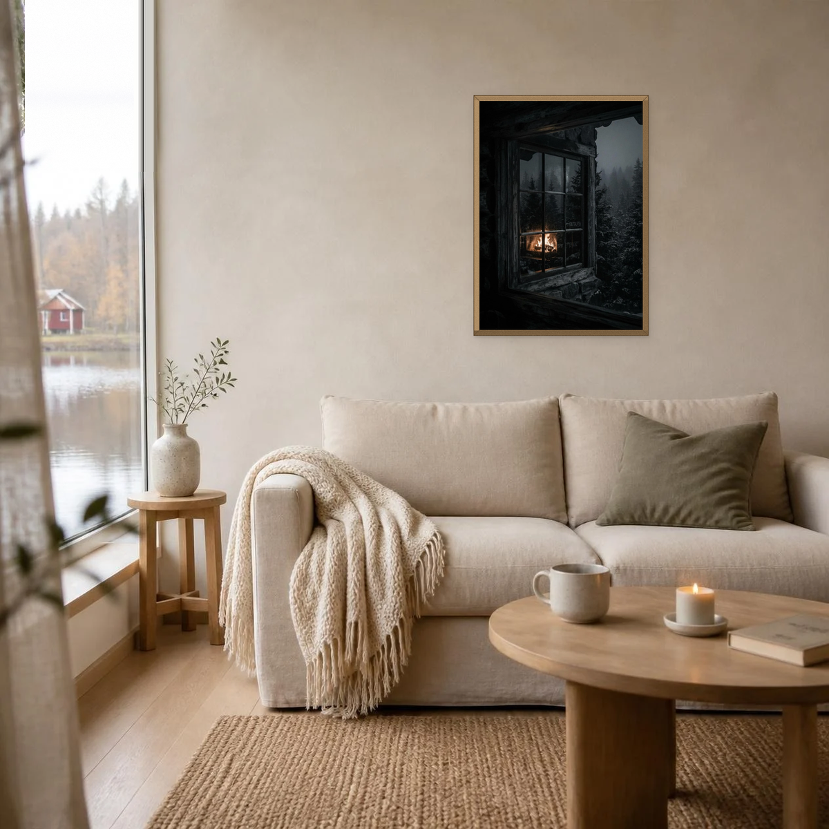 Firelight in the Window poster in a light oak frame above a linen sofa