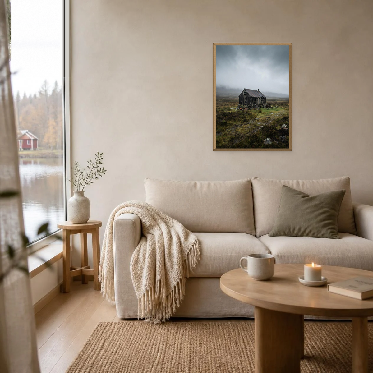 The Moorland Hut poster in a light oak frame above a linen sofa