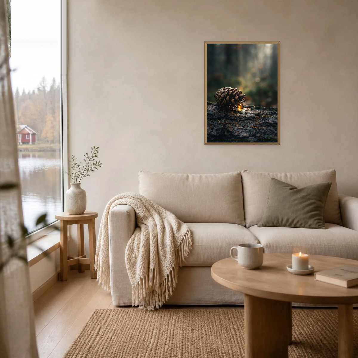 Pine Cone with Resin poster in a light oak frame above a linen sofa