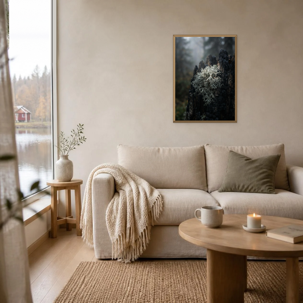 Reindeer Lichen on a Stump poster in a light oak frame above a linen sofa