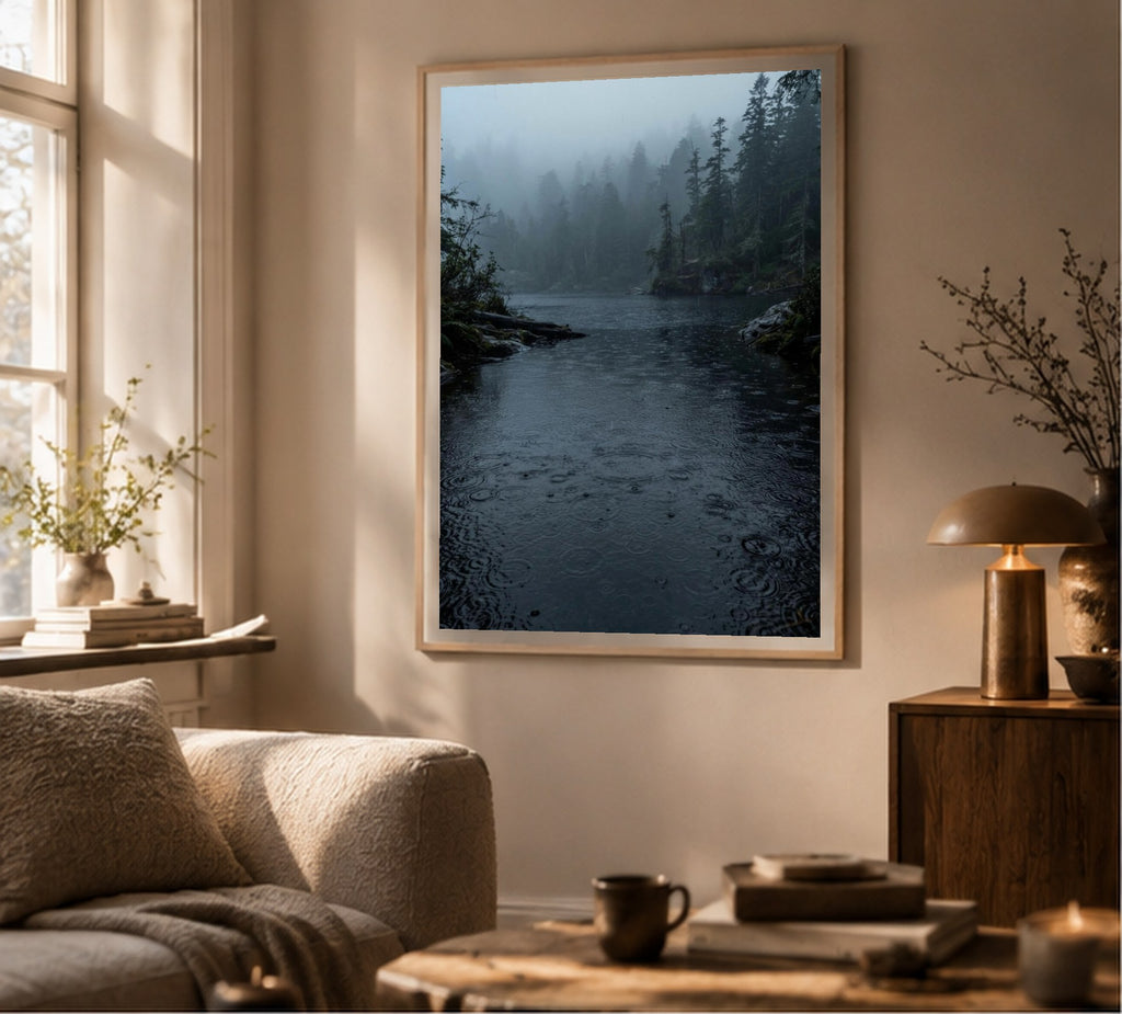 Rain on the Forest Lake art print, shown framed for inspiration in a sunlit living room