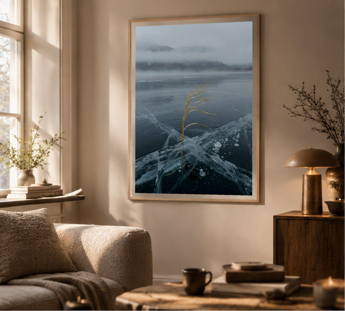 Grass Caught in the Ice art print, shown framed for inspiration in a sunlit living room