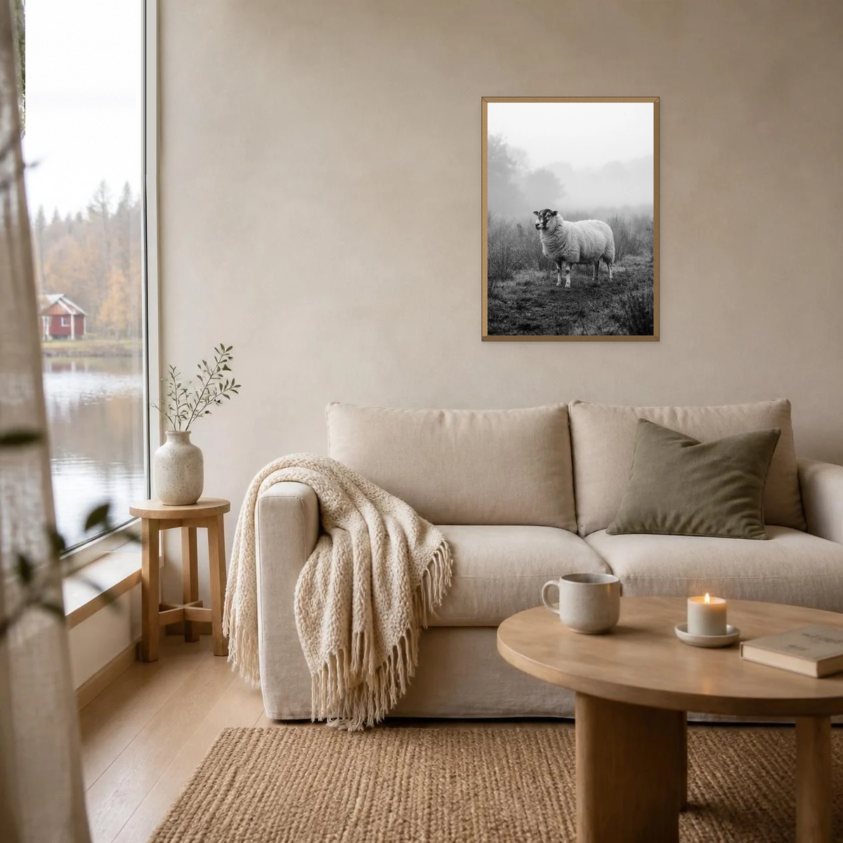 Sheep in the Fog poster in a light oak frame above a linen sofa
