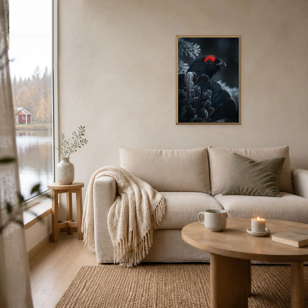 The Black Grouse poster in a light oak frame above a linen sofa