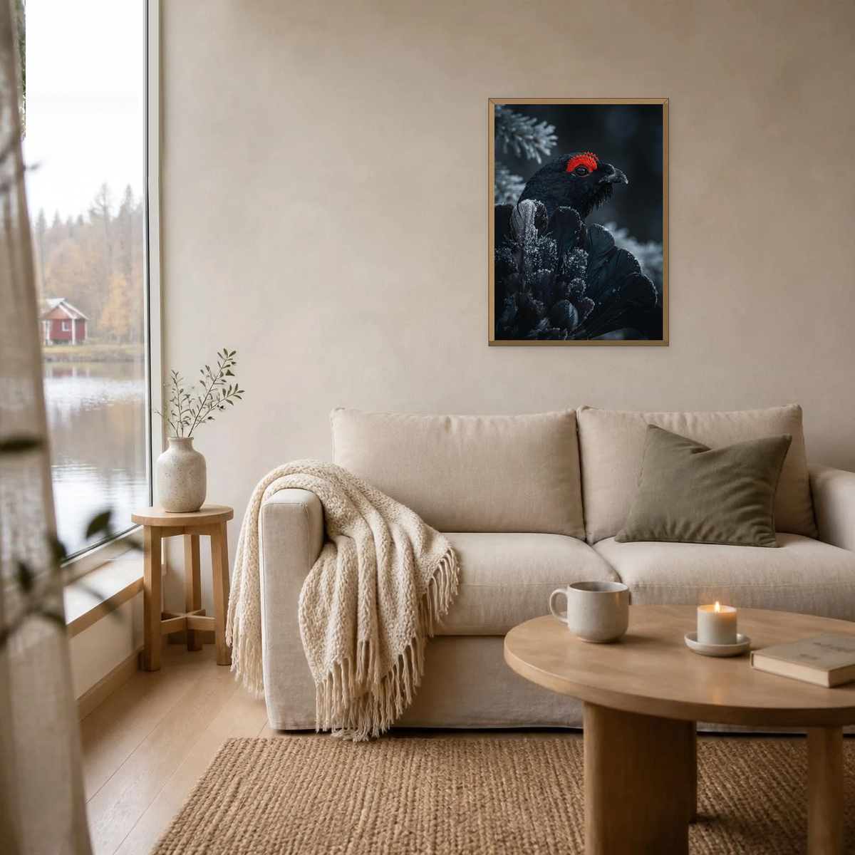 The Black Grouse poster in a light oak frame above a linen sofa