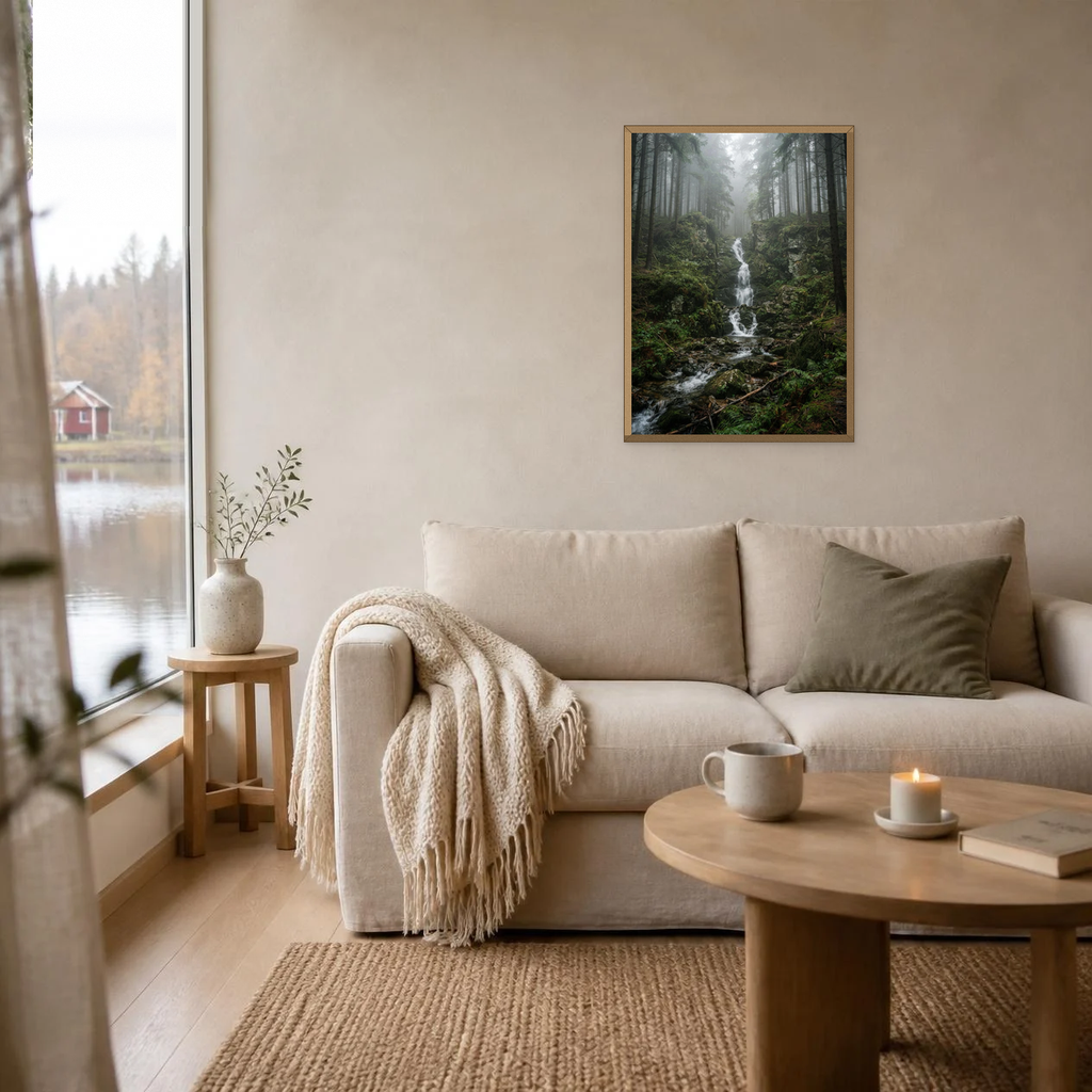 Waterfall Over the Rocks poster in a light oak frame above a linen sofa