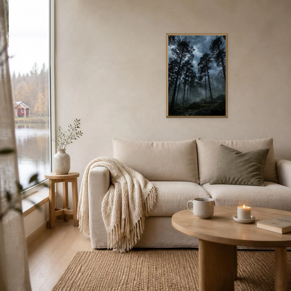 Pines Against a Stormy Sky poster in a light oak frame above a linen sofa