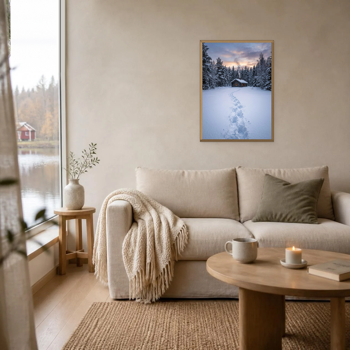 Footprints to the Cabin poster in a light oak frame above a linen sofa