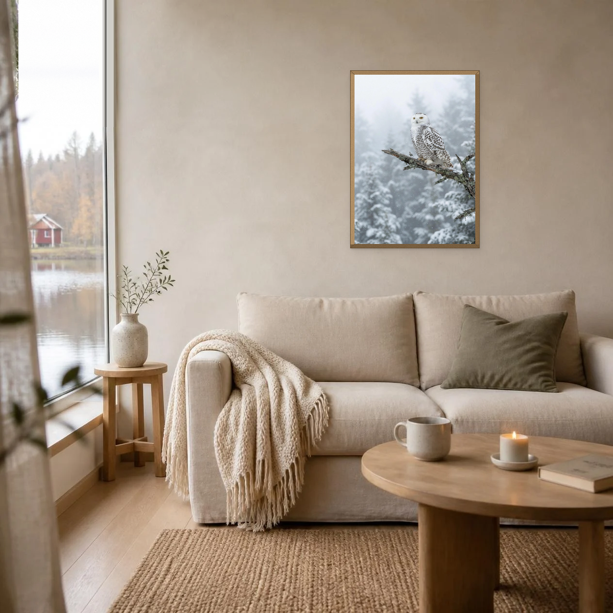 Snowy Owl on a Branch poster in a light oak frame above a linen sofa