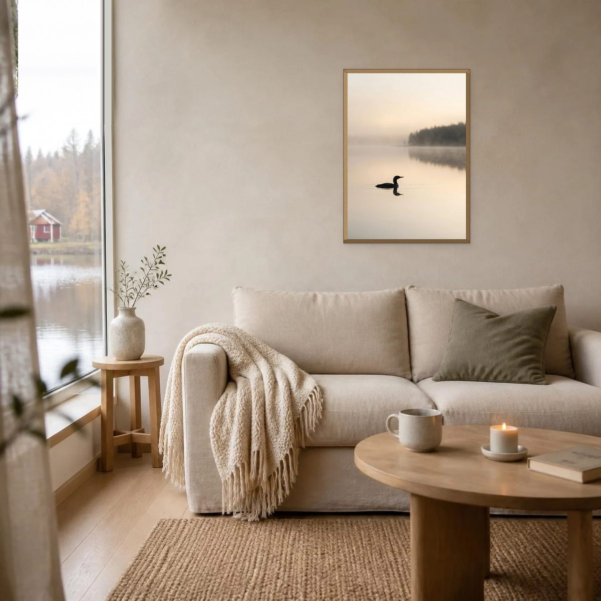 Loon on the Misty Lake poster in a light oak frame above a linen sofa