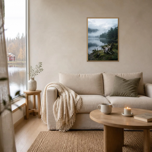 A Chair by the Misty Lake poster in a light oak frame above a linen sofa