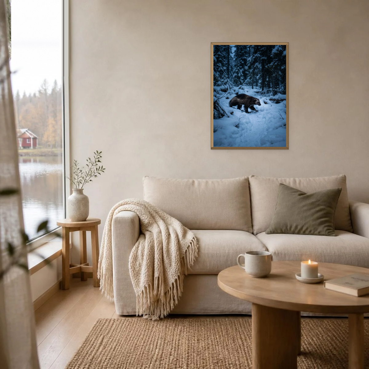 Wolverine on the Move poster in a light oak frame above a linen sofa