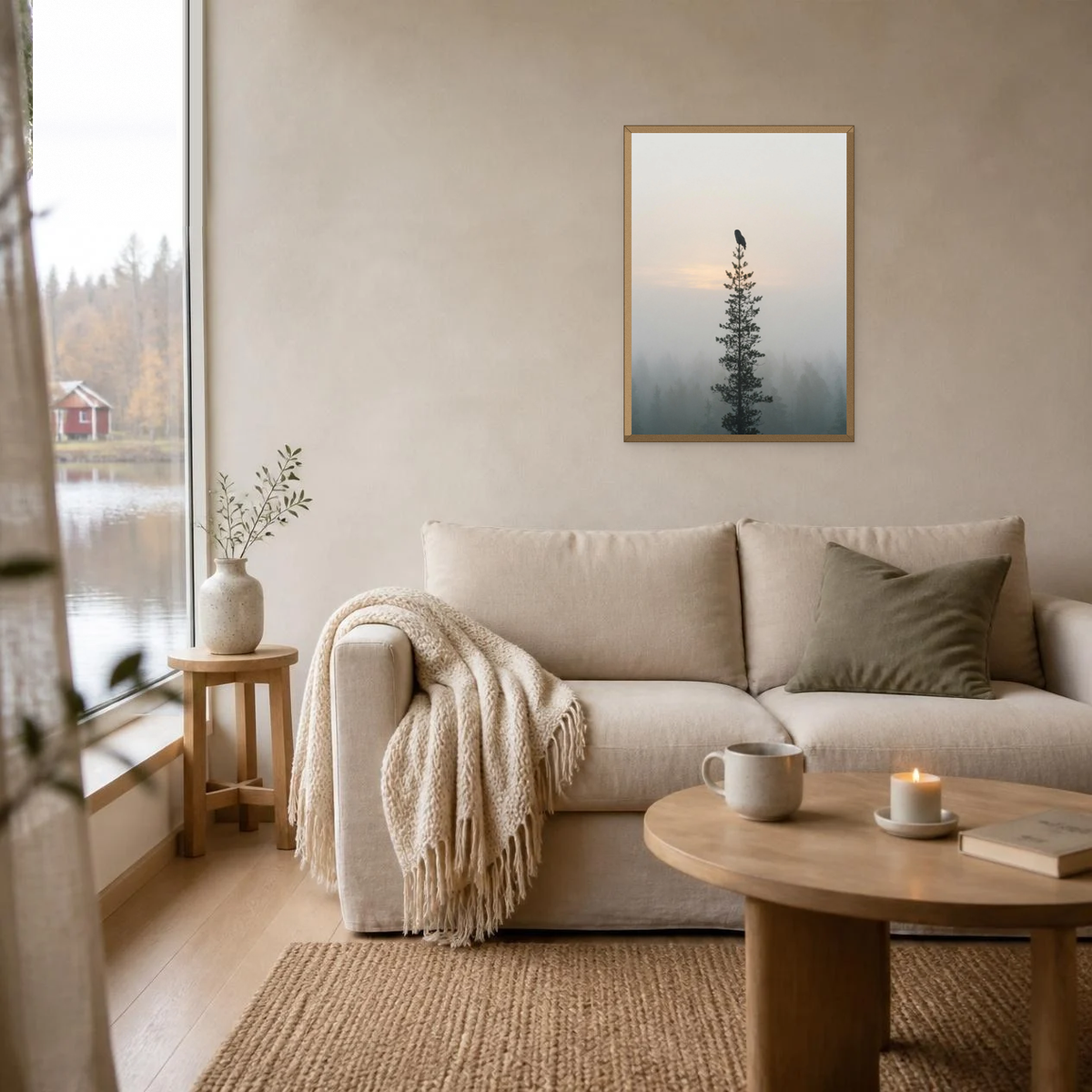 Owl in the Pine poster in a light oak frame above a linen sofa