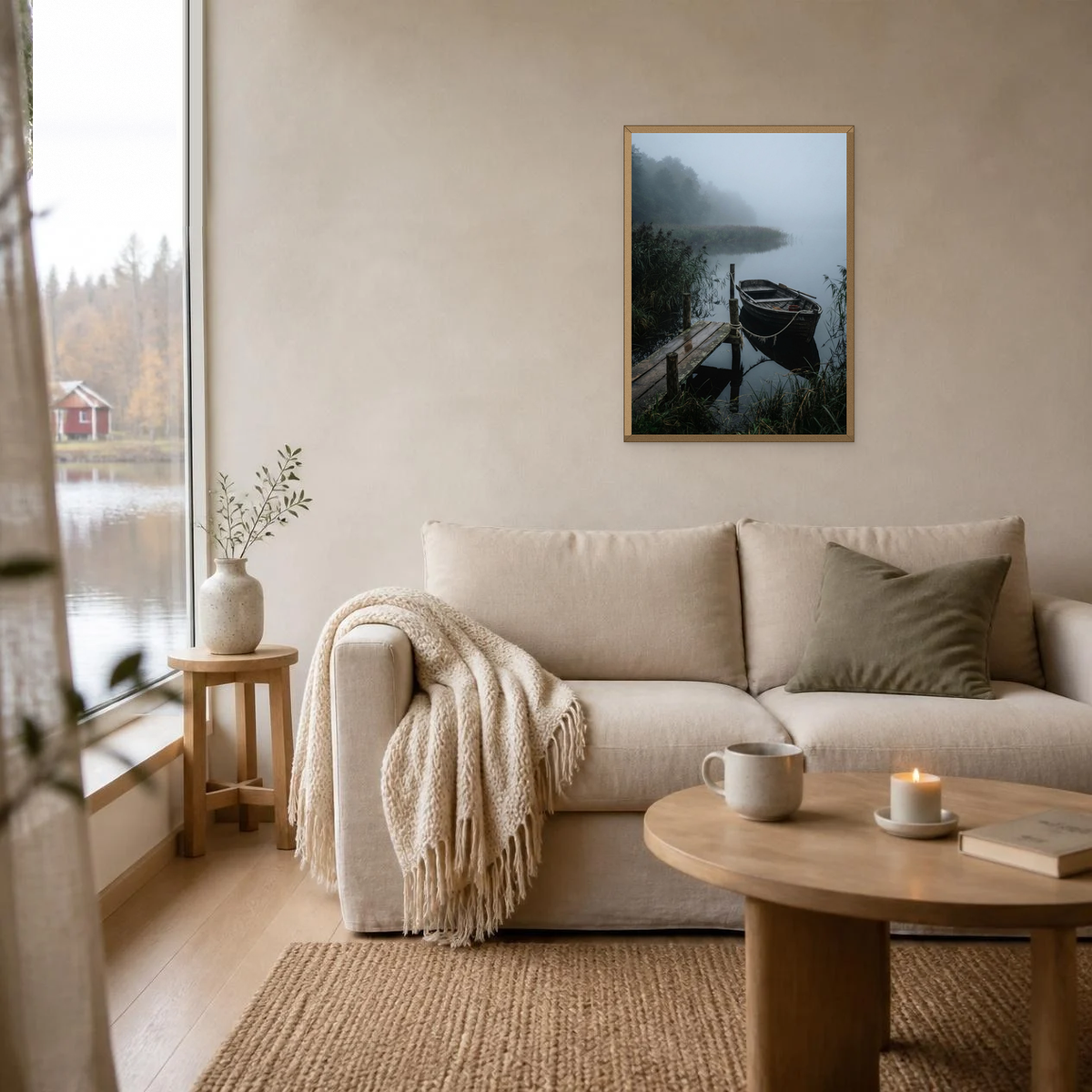 Boat on the Lakeshore poster in a light oak frame above a linen sofa